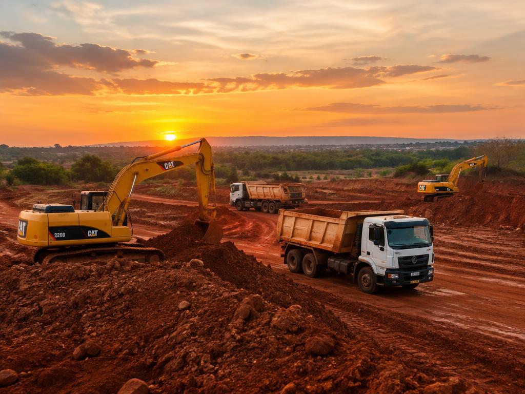 Canteiro de obras com escavadeiras e caminhões basculantes